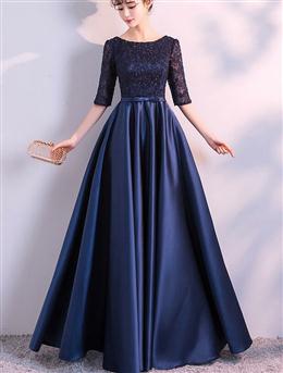 Picture of Navy Blue Satin with Lace Top Long Party Dresses, Short Sleeves Prom Dresses